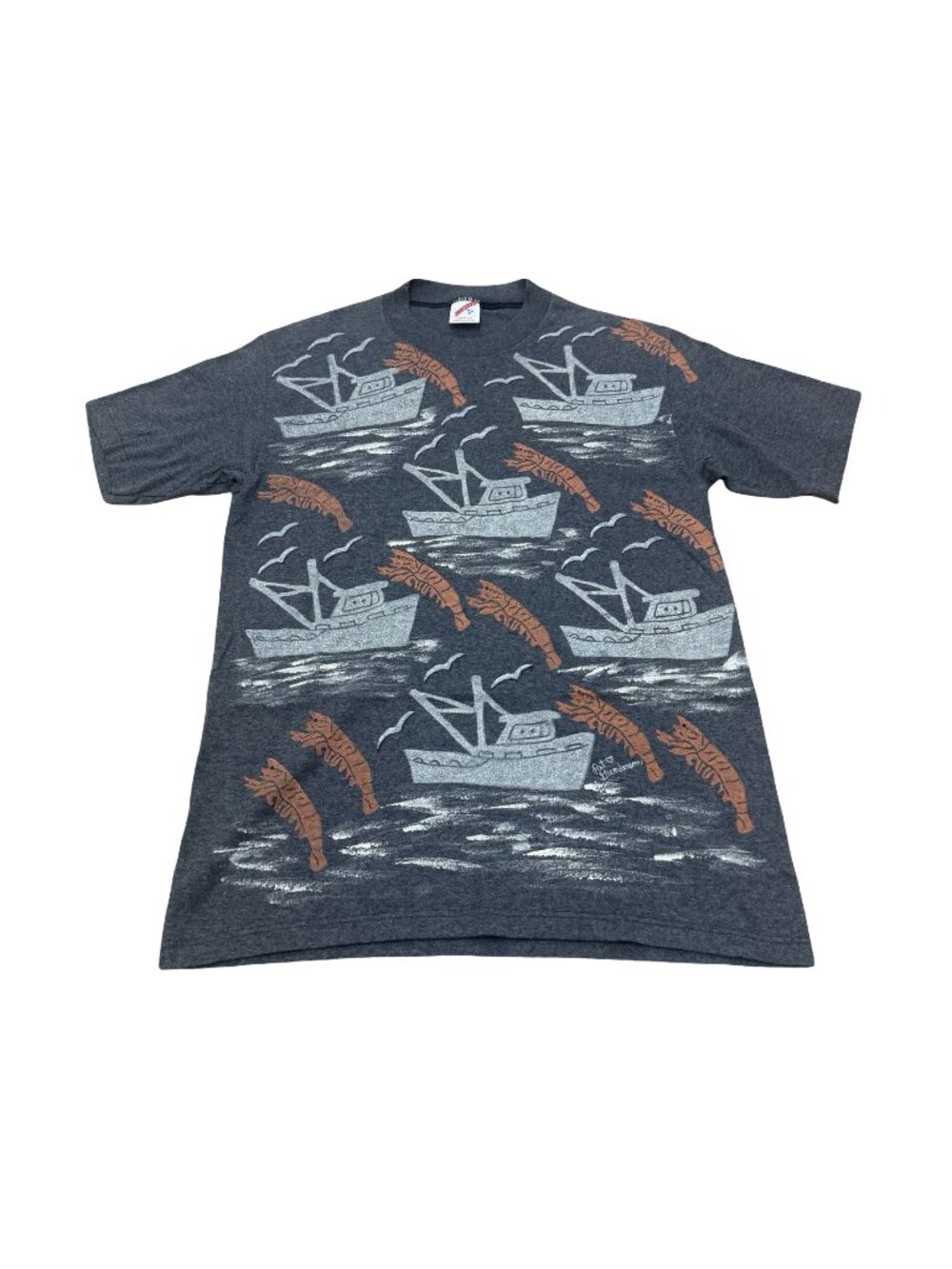 Vintage Jerzees Sailboat Shrimp All Over Print T Shirt Gray USA 1990s - Picture 1 of 5